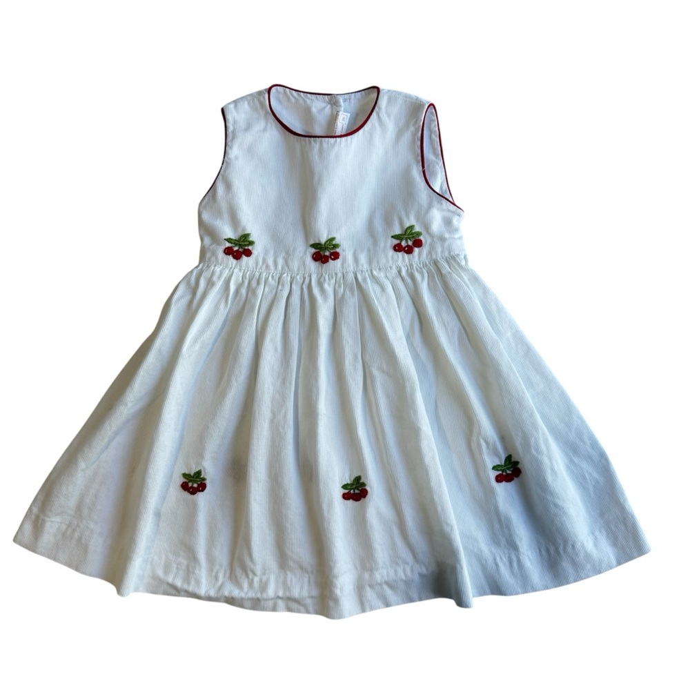 White Corduroy Cherry Embroidered Dress